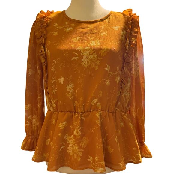 Madewell Mustard Floral Ruffle Peplum Blouse - Picture 3 of 10